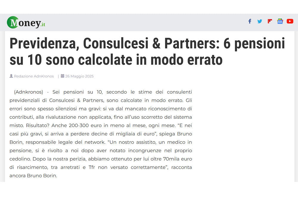 Previdenza, Consulcesi & Partners: 6 pensioni su 10 sono calcolate in modo errato